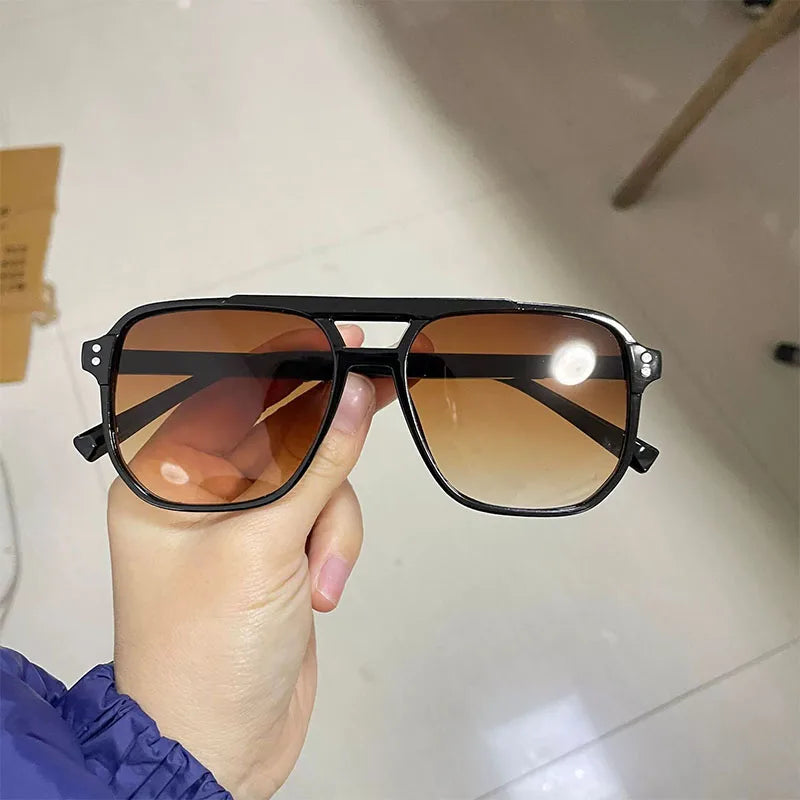 Fashionable Large Frame Retro Sunglasses, New Ocean Film Double Bridge Rice Nail Design, Anti-UV Sun Protection Eyewear