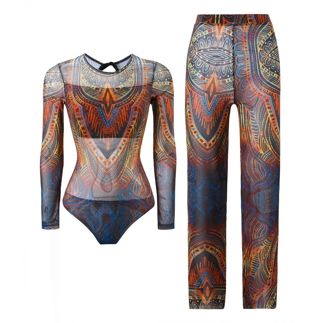 S - XXL New Printed Long Sleeve With Pants Women Swimwear One Piece Swimsuit Female Floral Padded Bather Bathing Suit Swim V7176