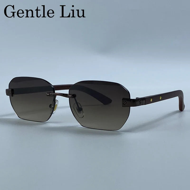 Small Square Rimless Sunglasses Men 2026 Luxury Designer Vintage Polygon Rectangle Shades Gold Metal Eyewear Retro Sun Glasses