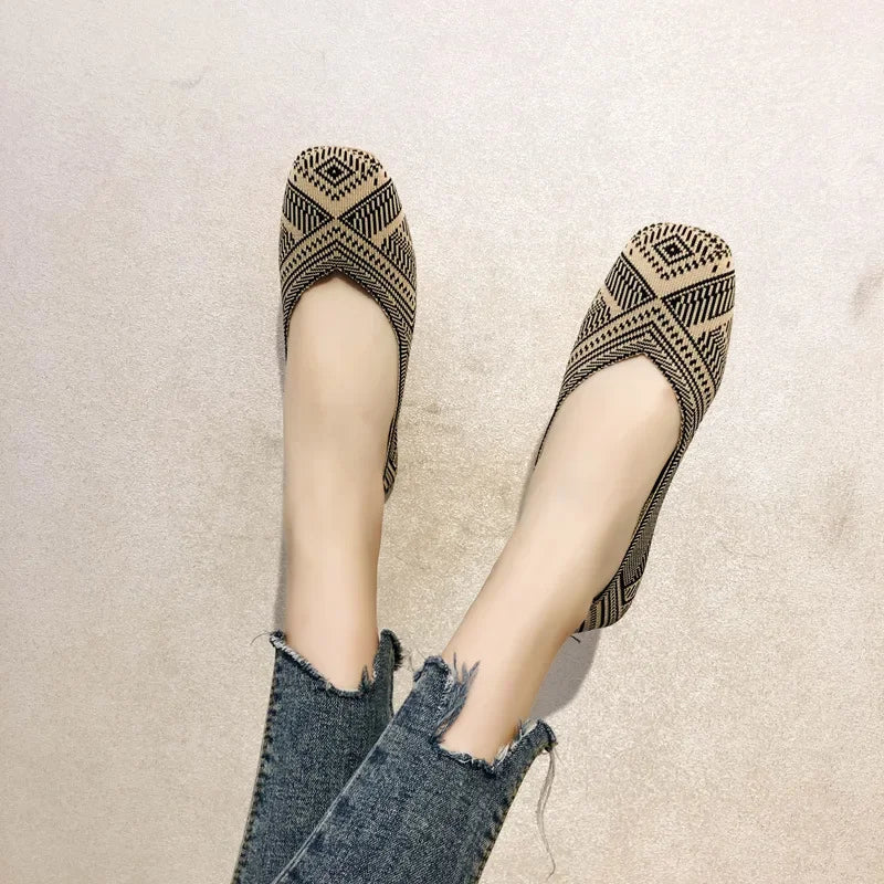 Spring and Autumn Flat Shoes Fashion Leisure Women's Flat Shoes Square Toe Knitting Elastic Comfortable Slip-on Boutique Shoes