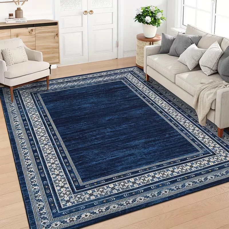 Navy Blue Area Rug Modern Geometric Border Print Carpet for Living Room Bedroom Non Slip Stain Resistant Foldable Accent Rug