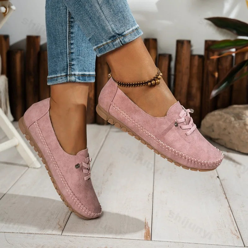 Women's Loafers Fashion Lace Up Comfortable Round Toe Soft Sole Flats Daily Walking Lightweight Versatile Slip on Casual Shoes