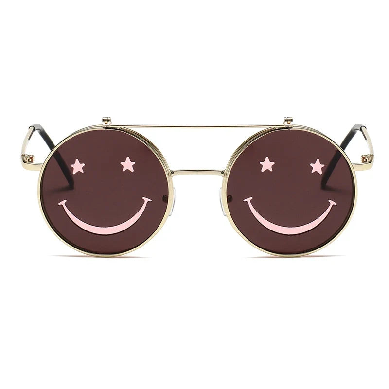 Trendy Smiley Face Flip-Up Sunglasses for Women Ocean Style Adjustable Nose Bridge UV400 Protection