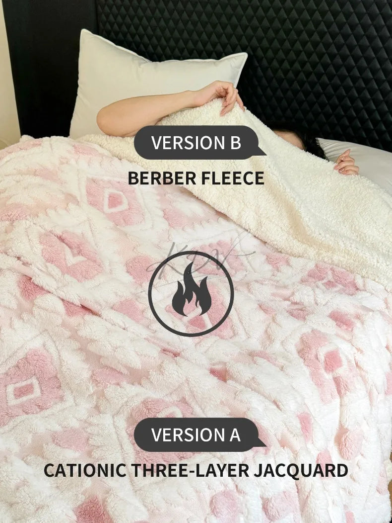 Geometric Patterned Jacquard Fleece Blanket Double Layer Thick Warm Taffeta Sofa Throw Blanket Spring Autumn Plush Bed Blanket
