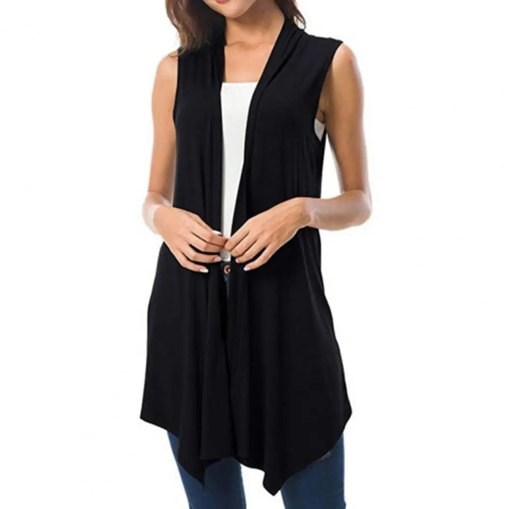 Women Sleeveless Cardigan Vest Summer Solid Color Open Front Draped Mid-length Asymmetric Hem Waistcoat Lightweight Coat