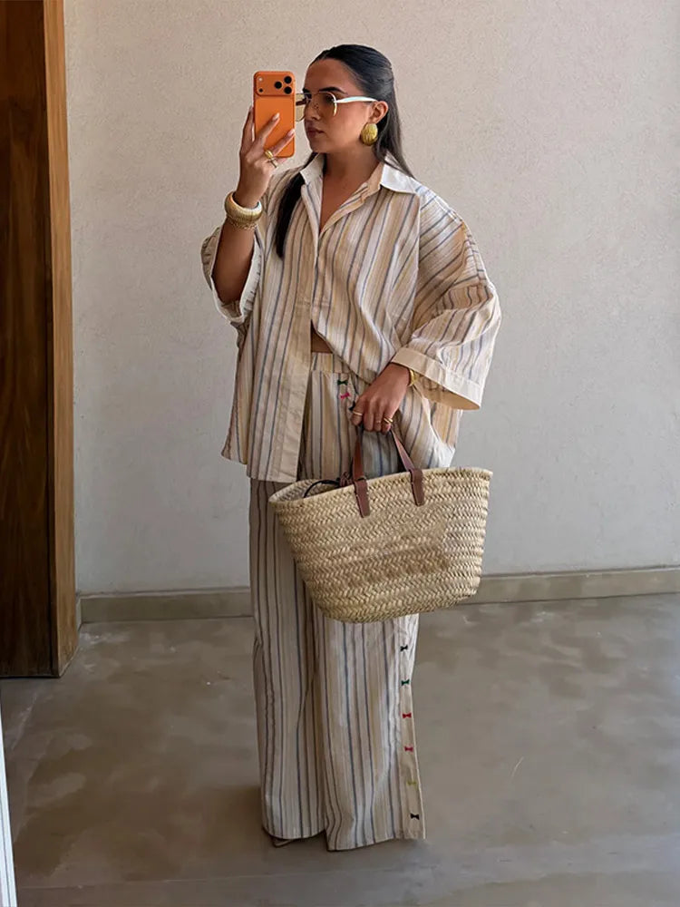 Casual Shirt Pants Women's Set Elegant Belt Long Sleeve Female Blouse Wide Leg Trousers 2026 Summer Autumn Lady Outfit New