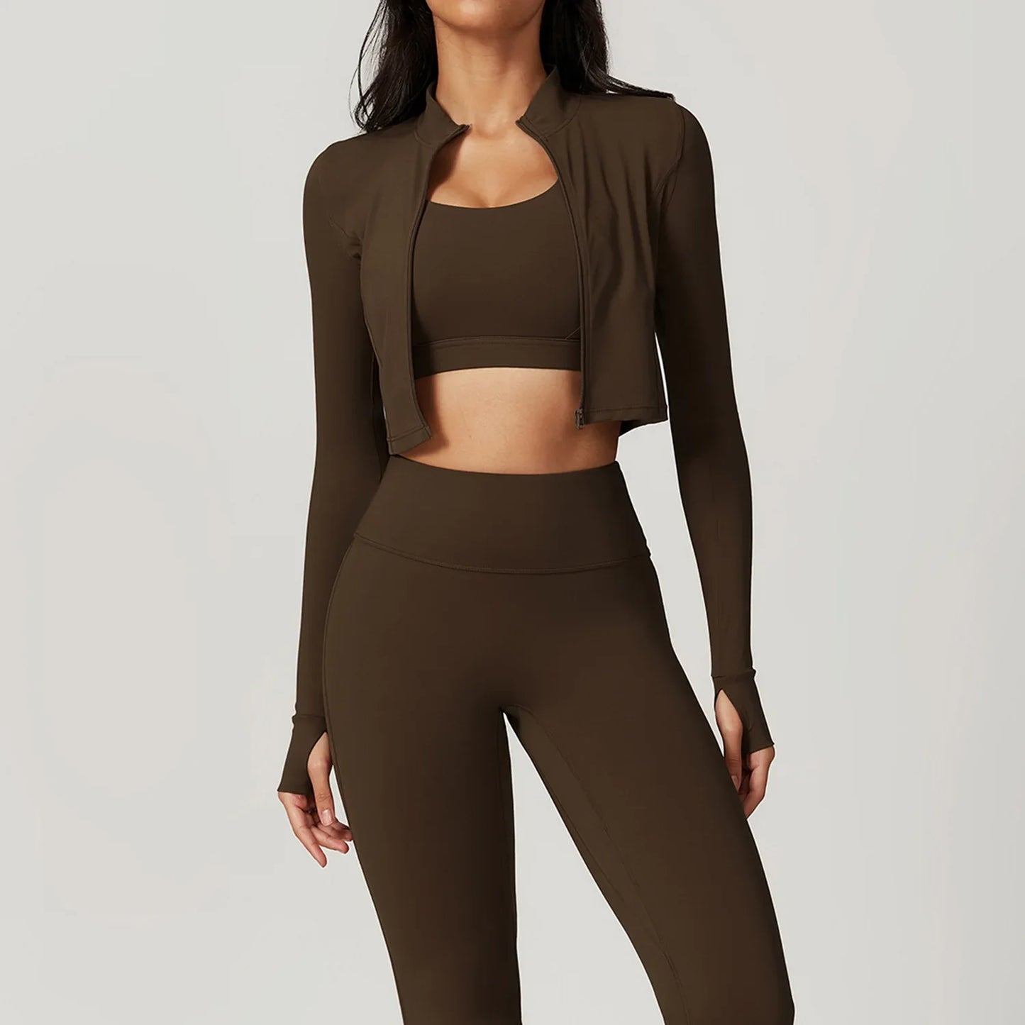 Conjunto Deportivo de 3 Piezas para Entrenar: Sujetador Deportivo, Leggings de Gimnasio de Tiro Alto y Manga Larga