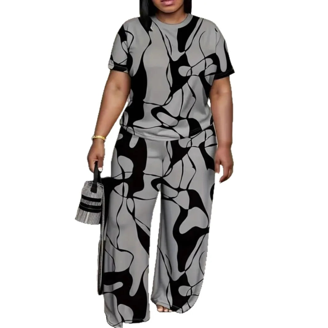 Conjuntos Femininos Summer Short-sleeved Fashion Print Suit Women's Round Neck Large Size T-shirt Wide-leg Trousers 2 Piece Suit