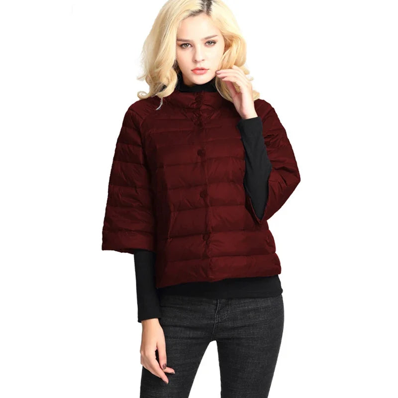 Women's puffer jacket Light and short style  Autumn Thin Down jacket  three Quarter Sleeves  Stand Collar  Fashionable Coat