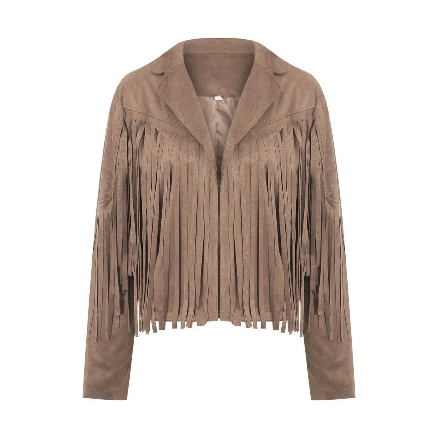 Women Spring Autumn Slim Long Sleeve Open Front Coat Solid Color Collared Jacket with Tassels Black/ Coffee/ Pink