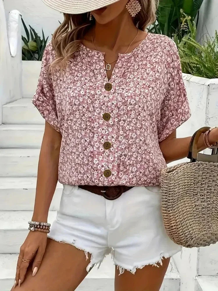 Plus Size Women's Shirts 2025 Spring Summer New Fashion Casual Floral Printing V-Neck Short Sleeve Blouses Korean Style Clothing
