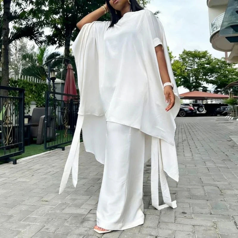 Two Piece Set Women O Neck Short Sleeve Loose Maxi Tops Wide Leg Pants Suit Fashion Elegant Simple Casual Africa Church Outfits