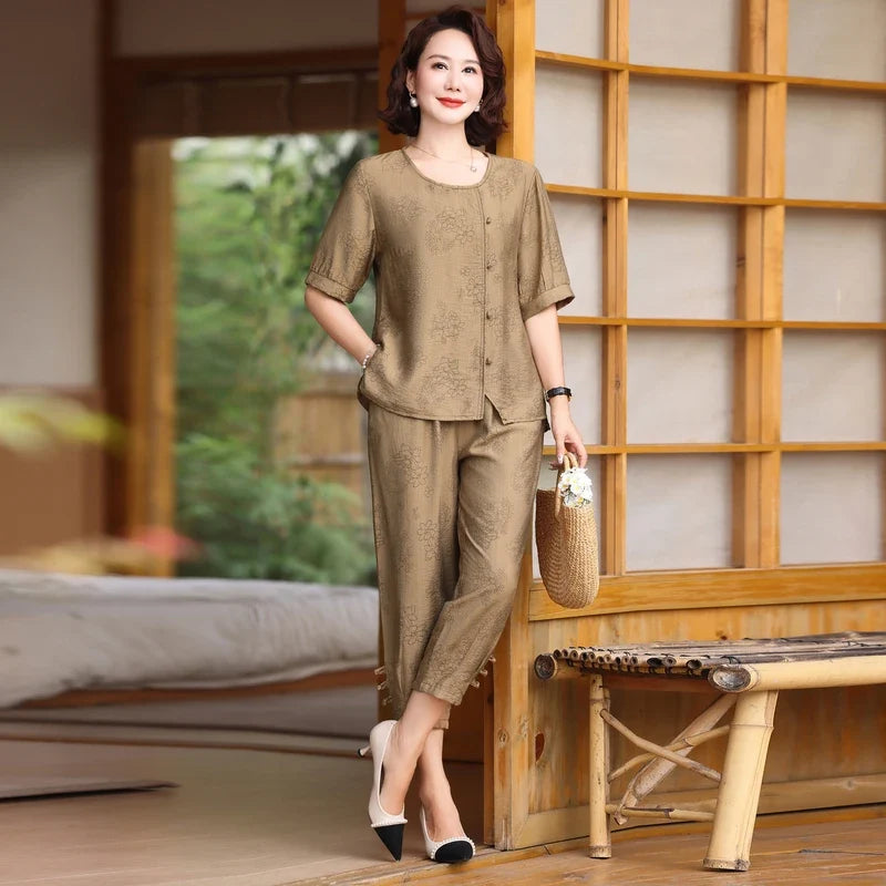 Fake Button T-shirt+pants Summer Embossed Knit Set Women's Fashion Casual Set Short Sleeved Classic Tops 2024 Plus Size Women