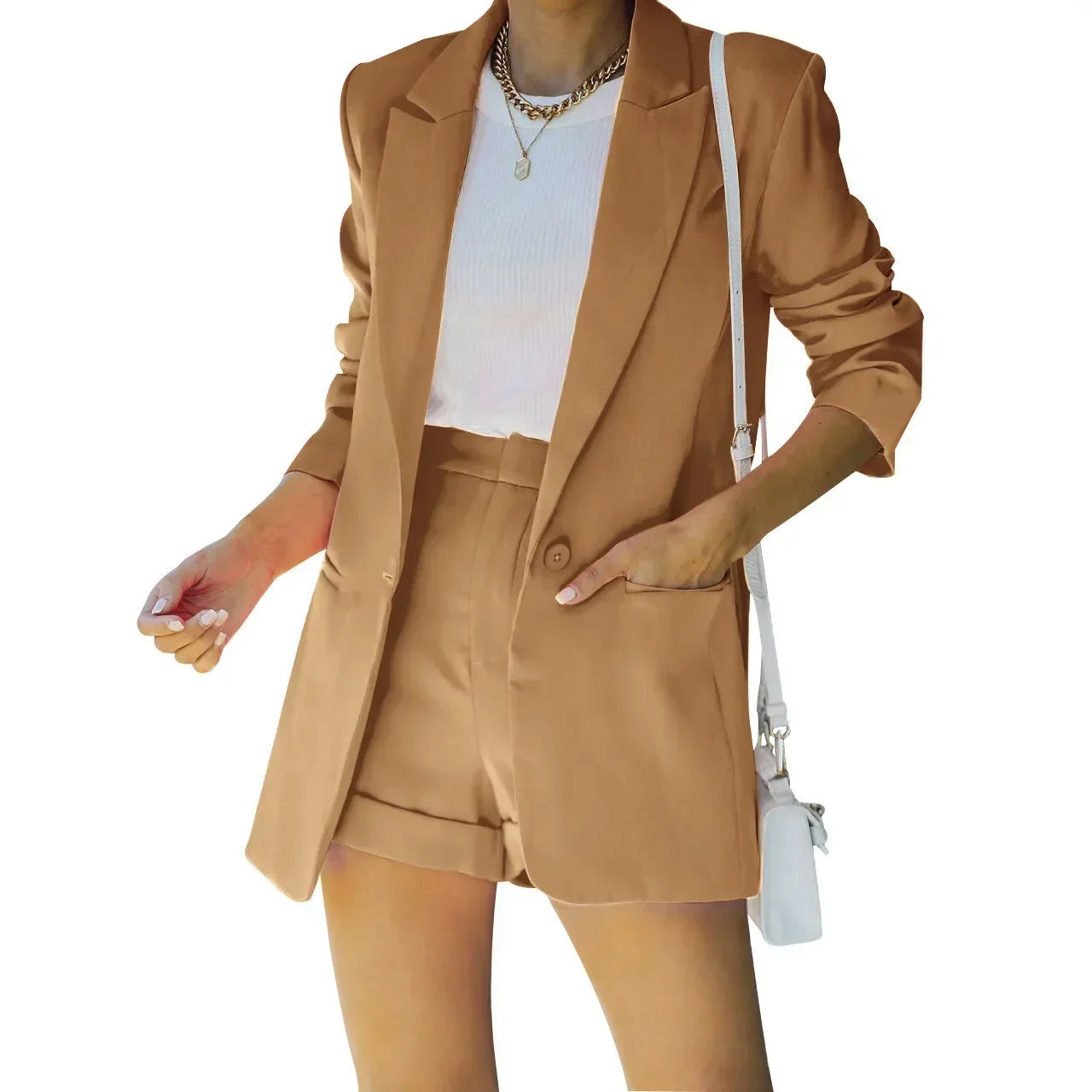 2026 Elegant Two Piece Blazer Suit Sets Women OL Office Sets Slim Cardigan Blazer Shorts Solid 2 Piece Set Casual Blazers Set