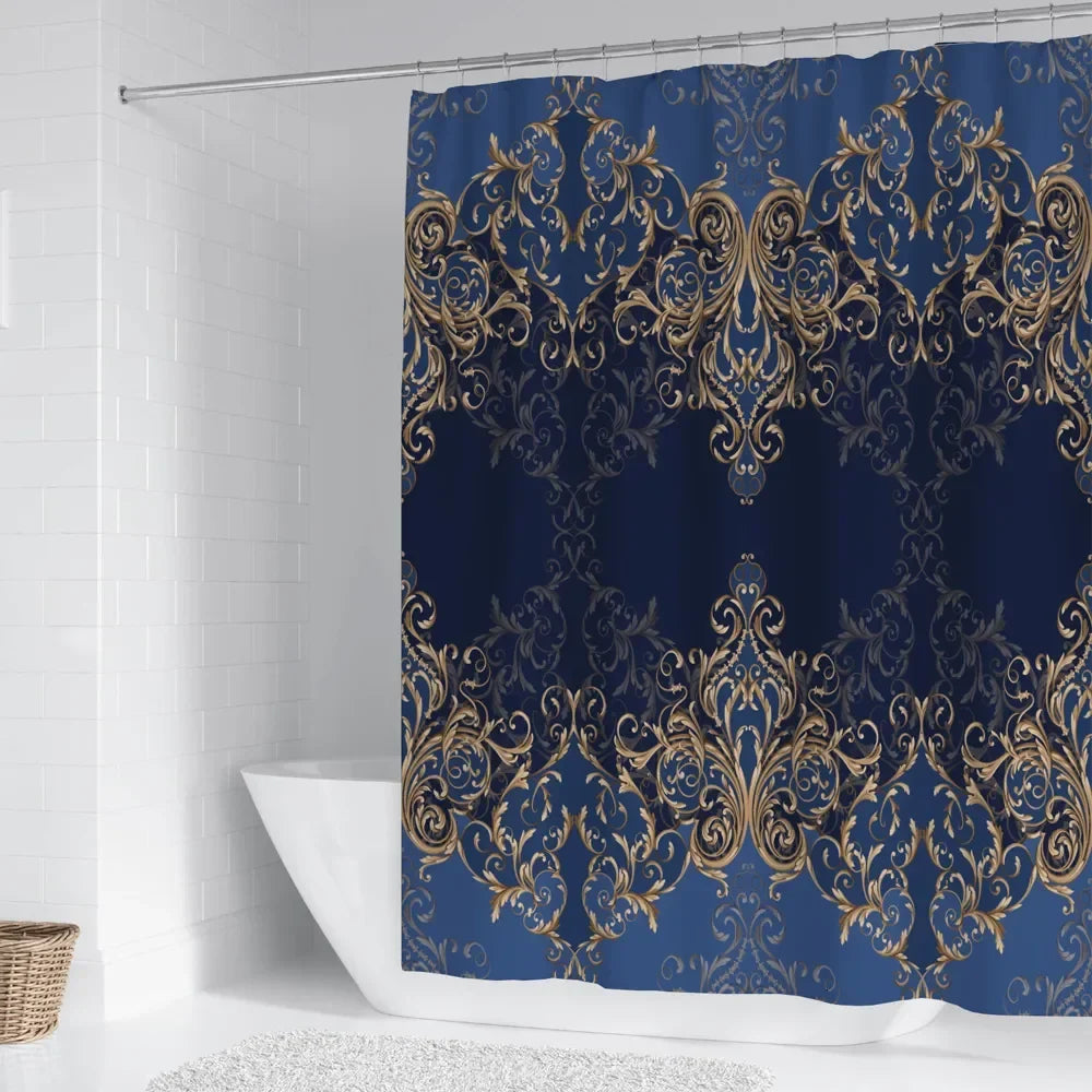 Luxury Red Gold Damask Print Shower Curtain, Waterproof Polyester Bathroom Curtain with Hooks