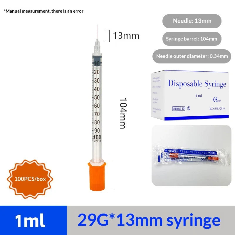 100pcs 1ml Sterile Insulin Syringe, Individually Wrapped Plastic