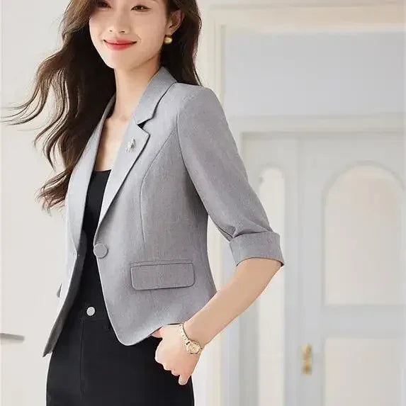 Blazer Negro para Mujer Blazer Ajustado Traje de Trabajo de Oficina para Dama Chaqueta Recortada Primavera Verano Diseño de Top Corto Abrigos Casuales Mujer Un Botón
