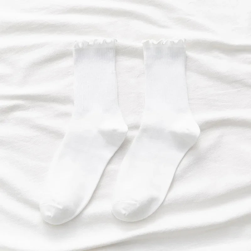 Ruffle Socks Women White Black Frilly Lolita Style Japanese Maiden Cute Kawaii Cotton Harajuku Princess Crew Socks Calcetines