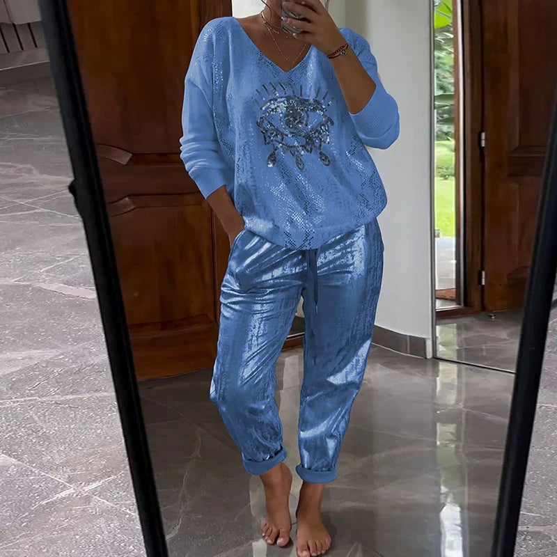 Women's Gold Shining Eye 2 Piece Set Long-Sleeved Top V-Neck Pullover Bronzing Pants Outfit Lace-up Loose Suit Spring Summer