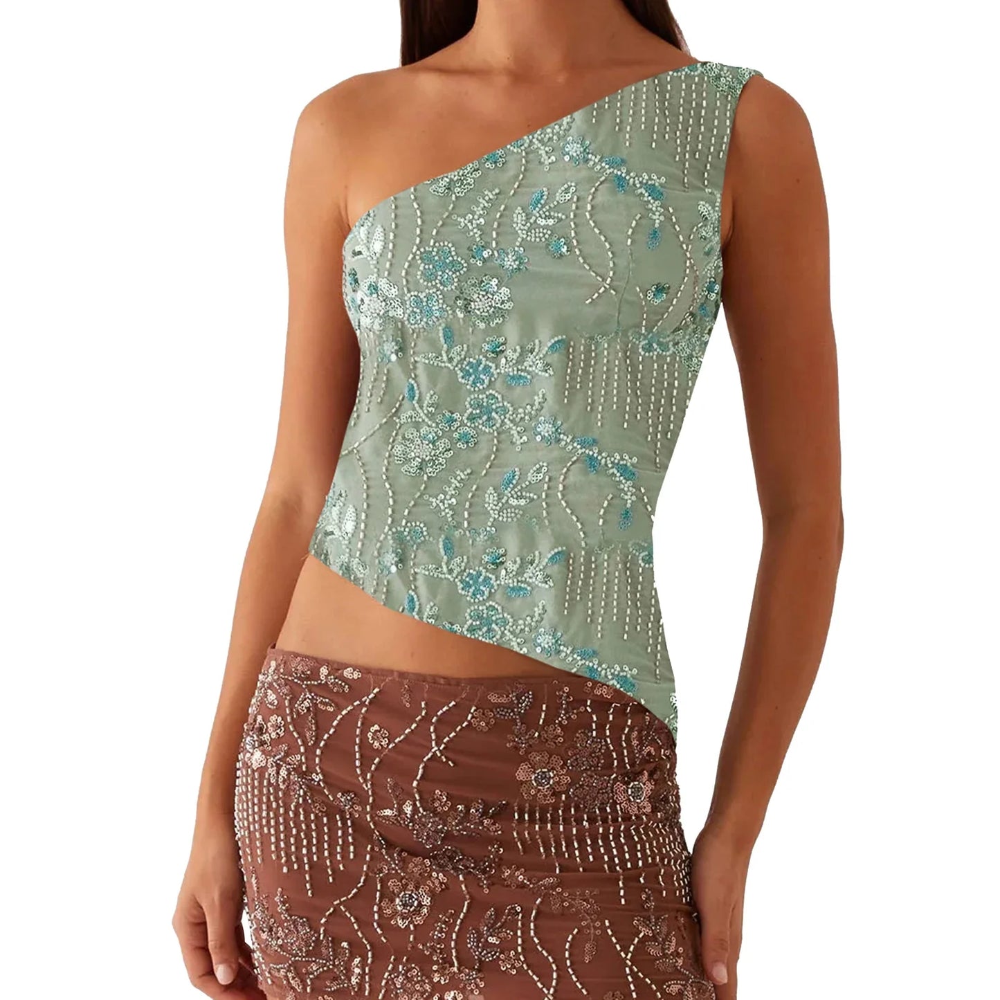 Women's Summer Beaded Sequin Flower Tank Tops Solid Stylish Sparkly Glitter Off One Shoulder Slim Vest Streetwear