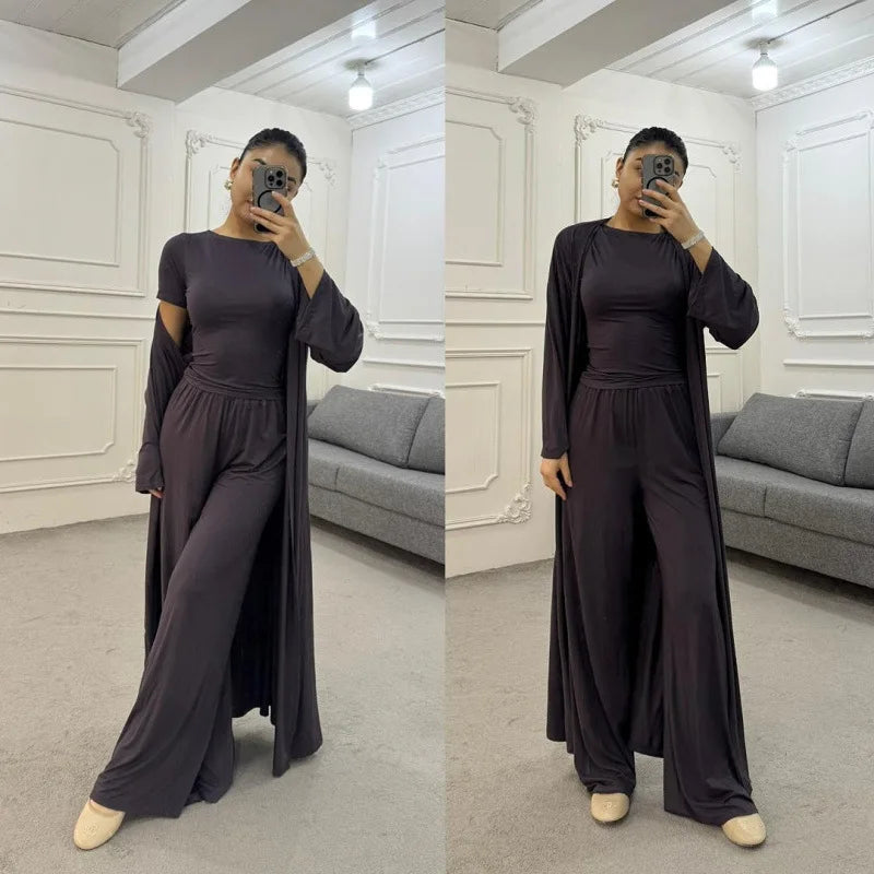 Pant Set Women Three Piece Sets Round Neck Short Sleeve Shirt Straight Pants Lace Up Long Robe Y2k Streetwear Work Casual 2026