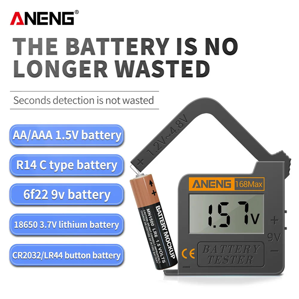 ANENG 168MAX Self Powered Digital LCD Battery Checker AA AAA C D 9V Button Cell 18650 Lithium Cell Voltage Capacity Test Tool