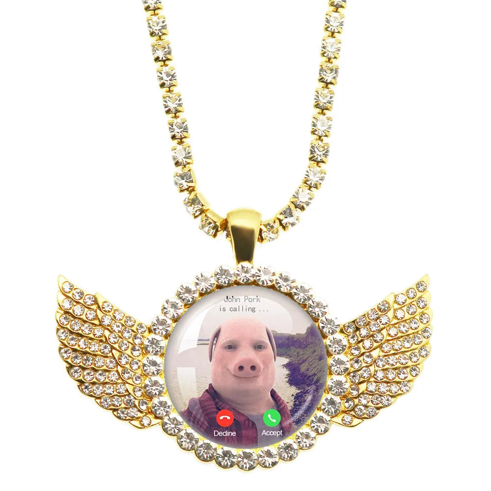 John Pork Is Calling Answer Call Phone Humor Funny Pig Lover Graphic The Moon Necklace Angel Wings Pendant Necklace Jewelry Gift