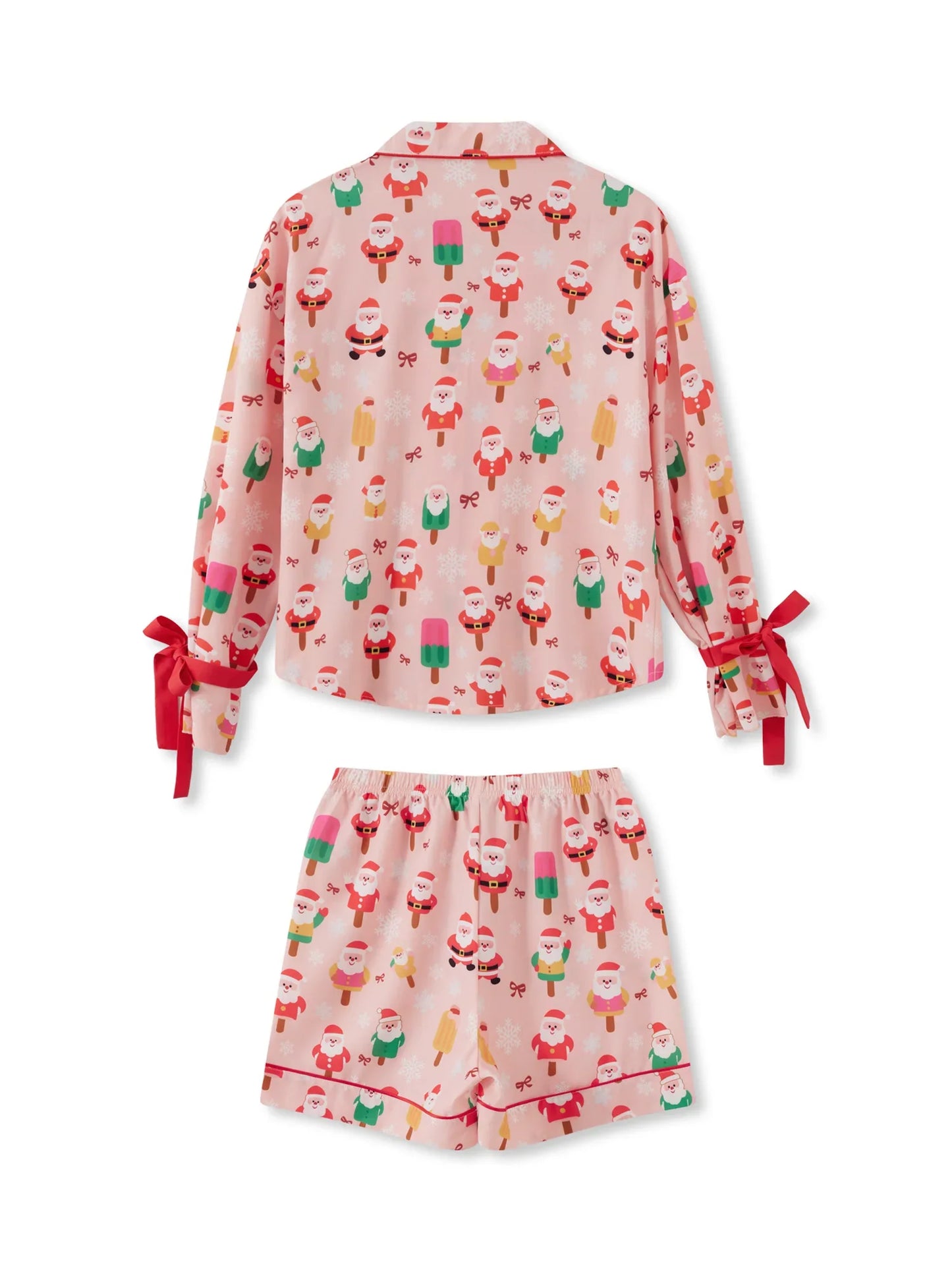 Women 2 Piece Christmas Pajama Set Santa Print Long Sleeve Button-up Tops and Elastic Waist Shorts Satin Fall Sleepwear