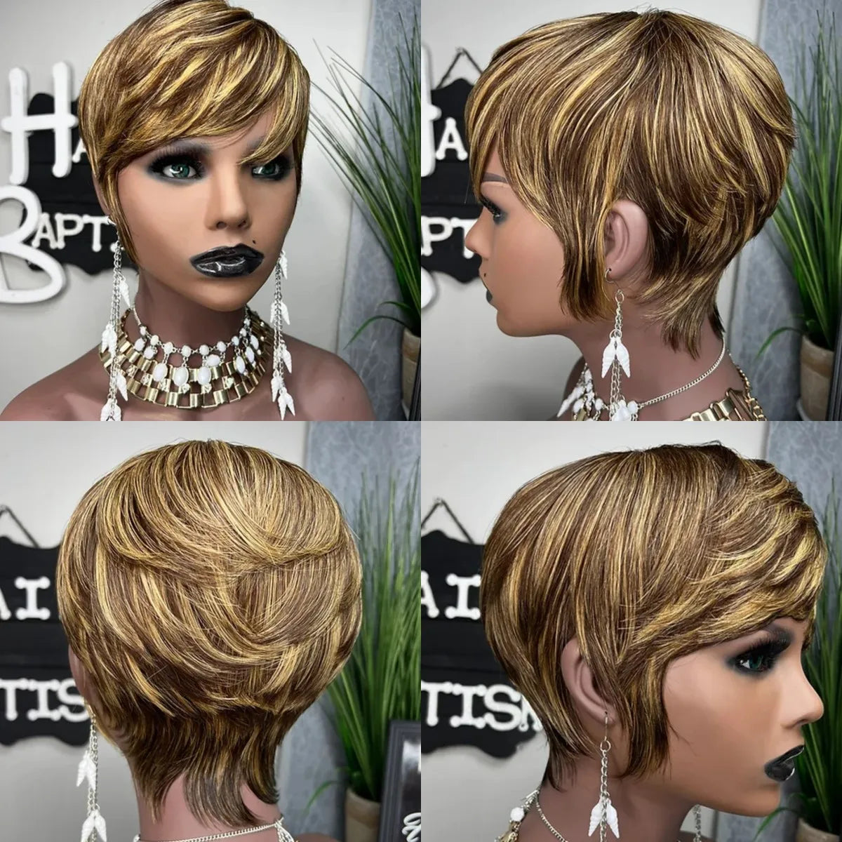 WIGERA Pelucas sintéticas destacadas Corto Liso Pixie Cut Peluca Bob Pelo Dorado Miel Mezcla Negro Cabello para Mujer