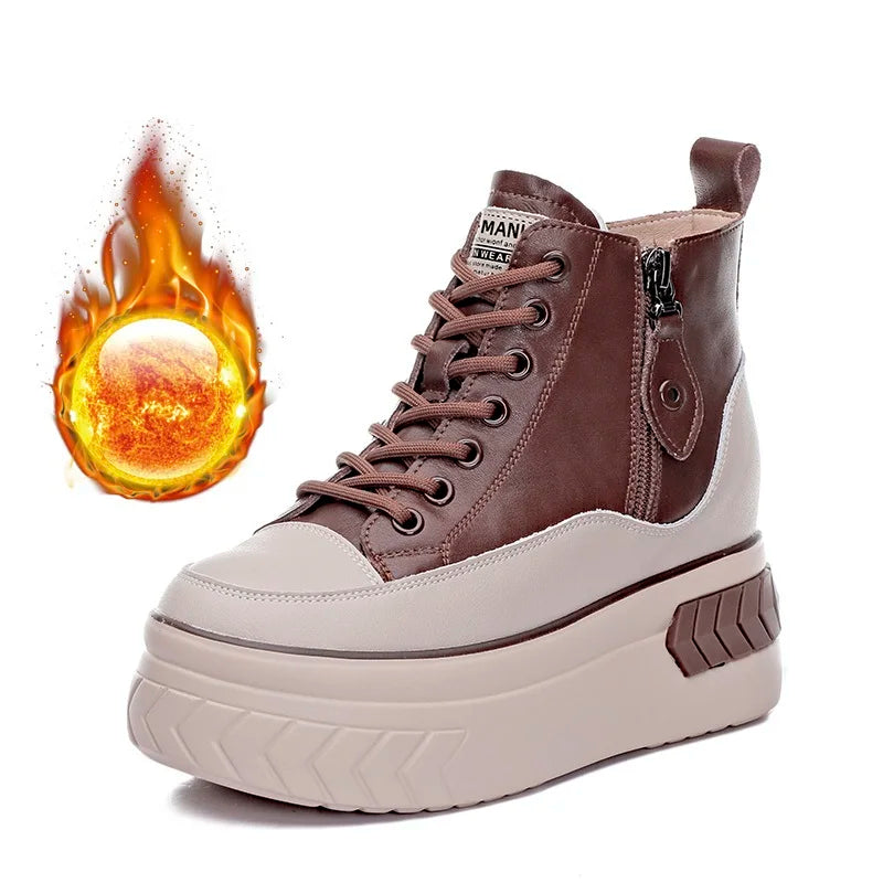 High Top Women Shoes Genuine leather 8cm Platform Boots Wedge Hidden Heel Zip Spring NEW Autumn Warm Fur Winter Shoes Sneakers