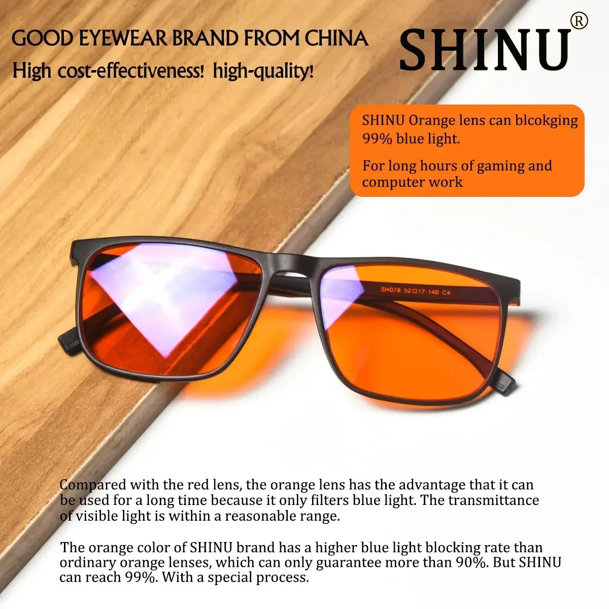 SHINU Good Sleep Blue Light Blocking Glasses Men Red Lenses Anti Green Light Eliminate Eye Strain Glasses Bluelight 078RD