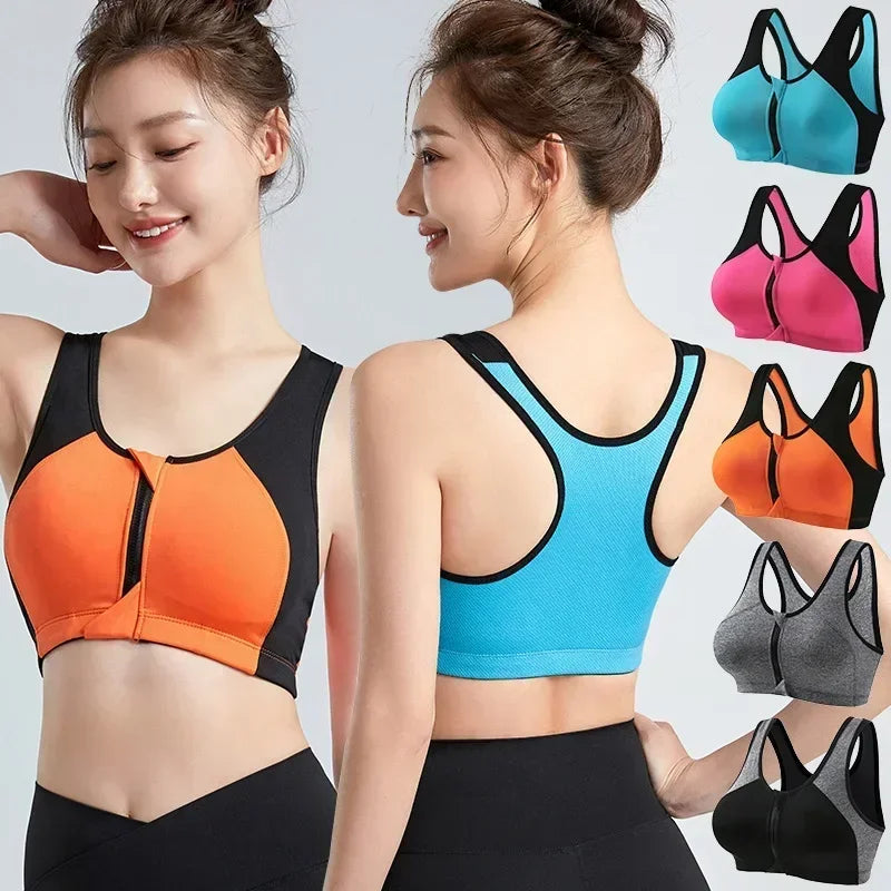 Sports Bra Women Push Up Front Zipper Shockproof Patchwork Gym Jogging Crop Top Female Running Fitness Vest Sport Bras for Women