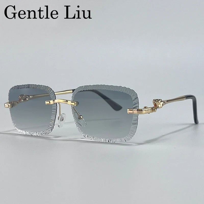 Rimless Square Sunglasses Men 2026 Luxury Brand Cut Edge Eyewear Trendy Leopard Head Sunglass For Male Punk Metal Frame Shades