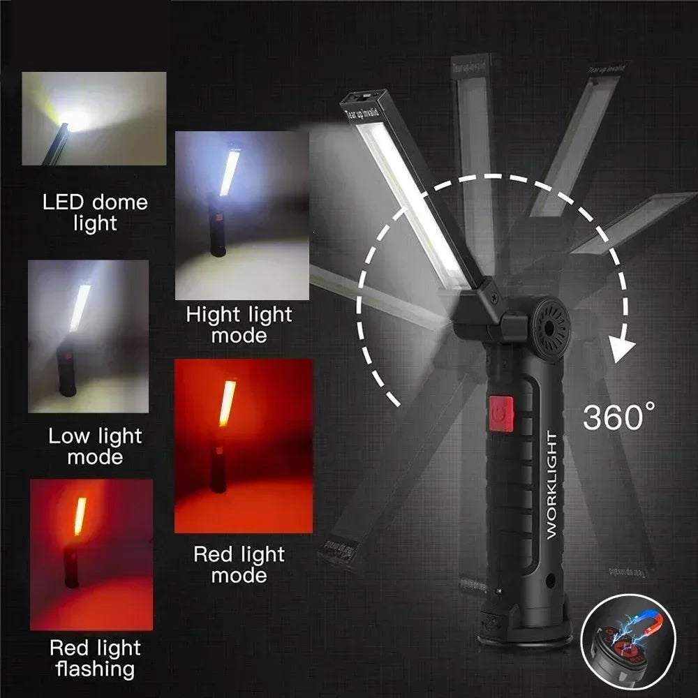 Portable COB LED Work Light USB Rechargeable LED Flashlight Inspection Lamp With Magnetic Hook Power Bank 18650 Battery Torch