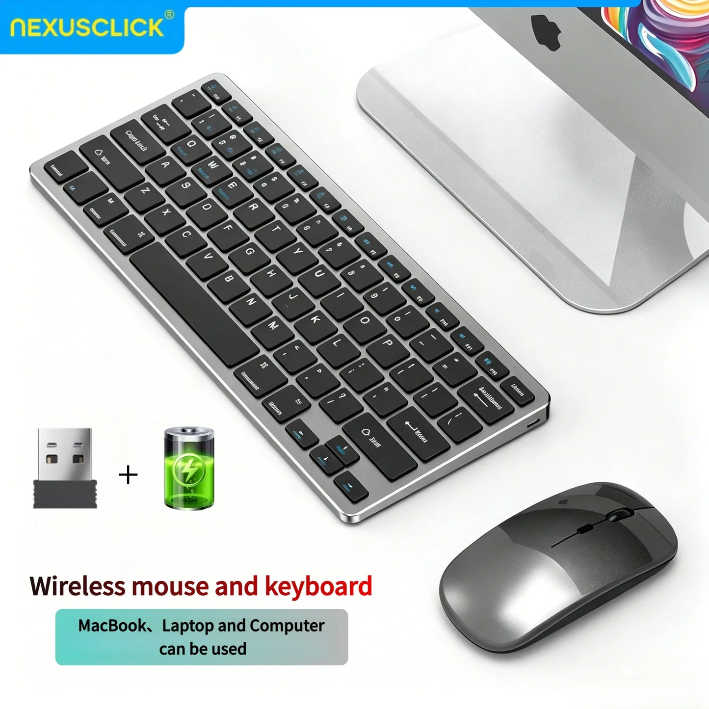 NexusClick 2.4G Wireless Keyboard Mouse Combo, Ergonomic Rechargeable Mini Multimedia Office Keyboard Set For PC Laptop Macbook