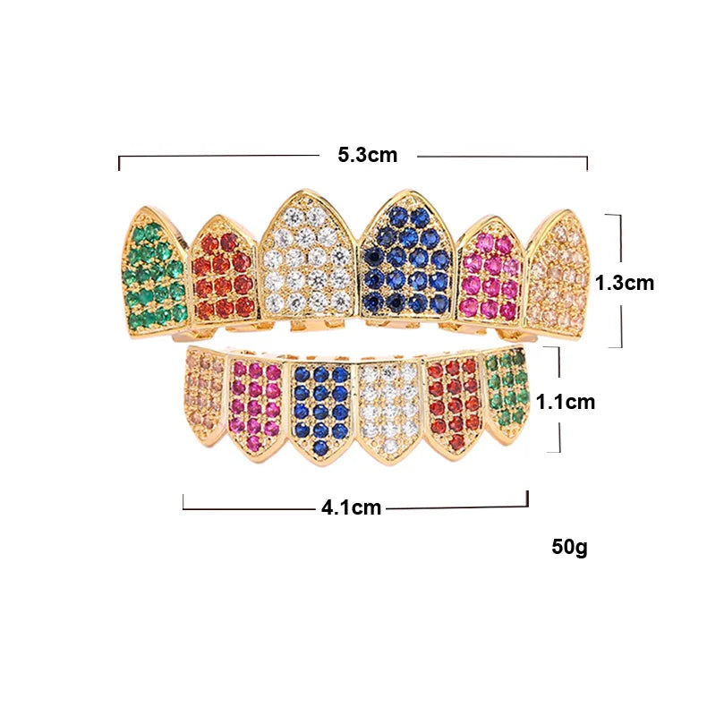 HipHop CZ Teeth Set For Unisex Top Bottom Mouth Gold Silver Color Teeth Tooth Cap Removable Dental Fashion Jewelry