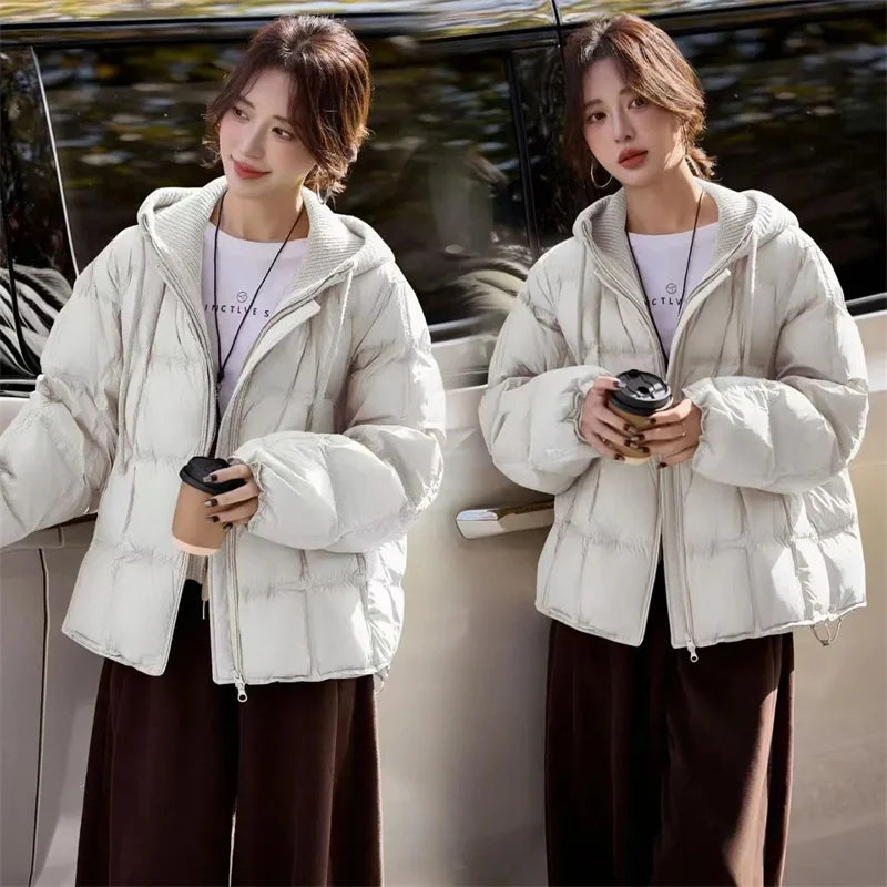 Femme Korean Cotton Padded Outwear 2026 New Autumn Winter Women Casual Knitted Hooded Puffer Jacket Fake Two-piece Warm Parkas