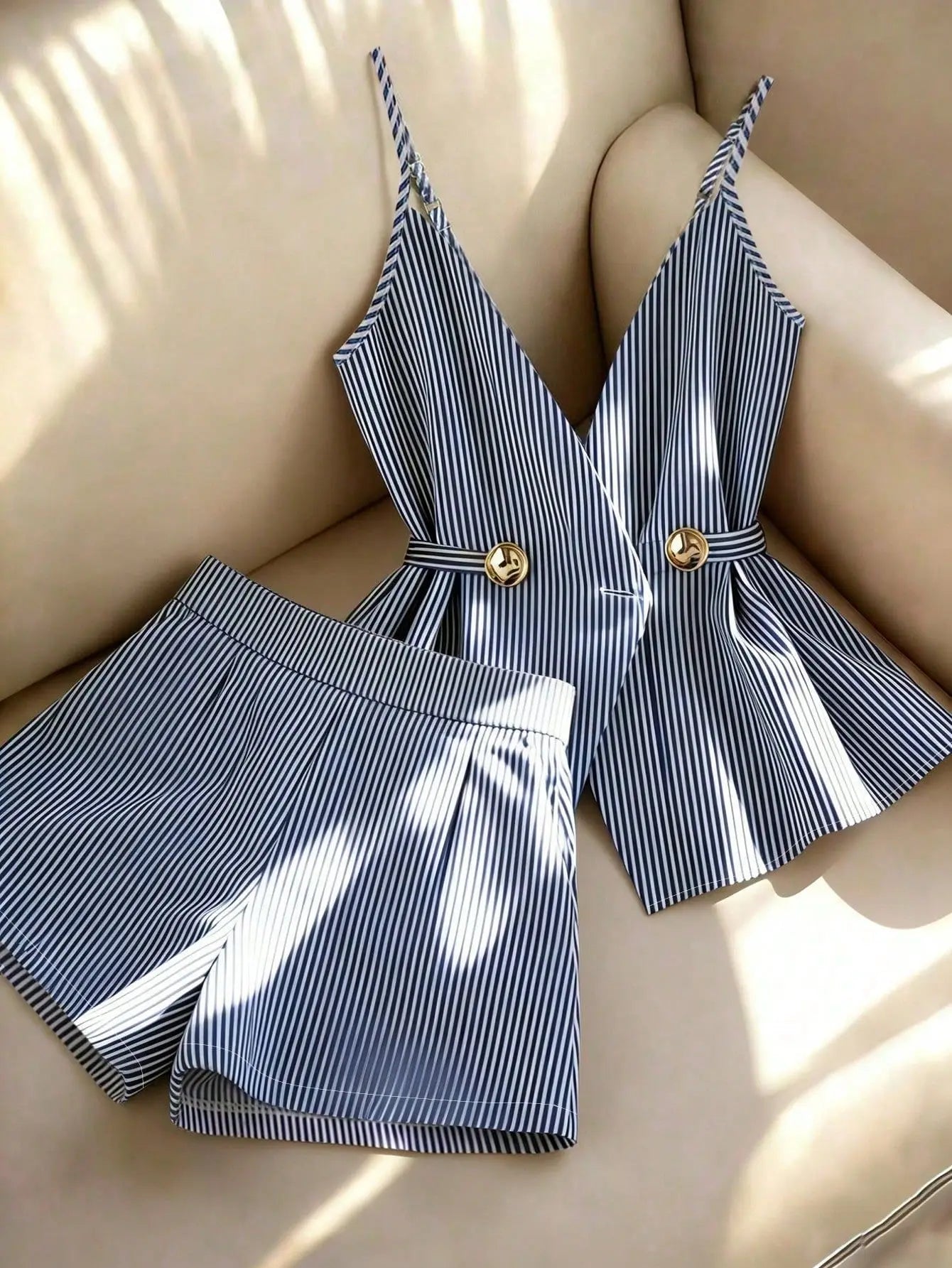 Women Striped 2 Piece Set V-neck Top Lace Up High Waist Pleated Wide Leg Shorts Summer Fashion Office Ladies Commuting Outfit