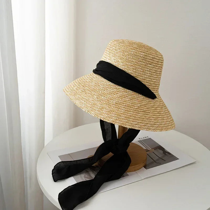 Straw summer hat French elegant ladies seaside travel sun hat Hepburn style wide brim hat  햇빛가리개 모자 모자
