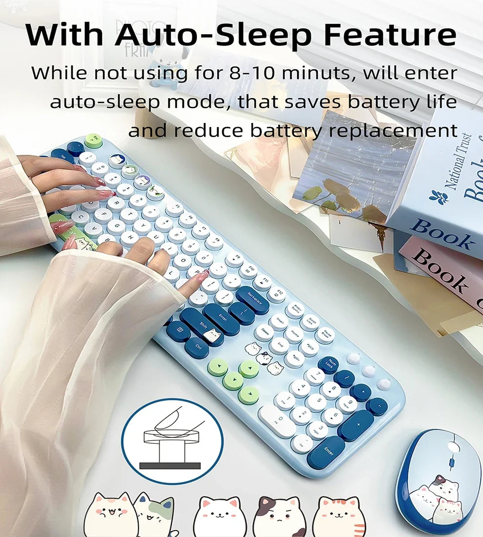 Full Size Wireless Keyboard Mouse Combo 104 Keys Retro Cute Cat Design Plug and Play Keyboard Mouse Set for Windows 7/8/10/XP