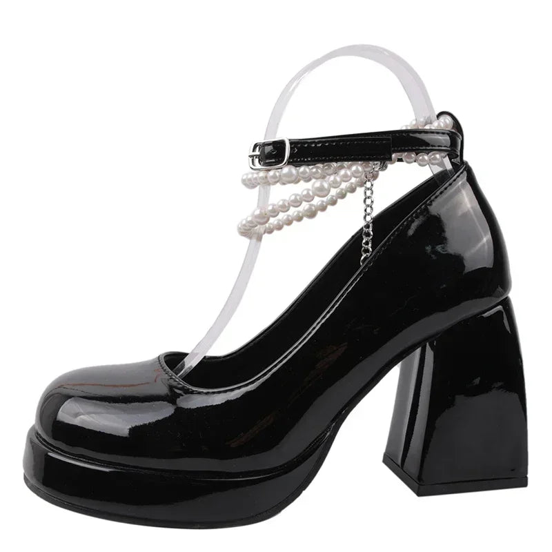 10cm Super High Heels Mary Jane Shoes Women Fashion Patent Leather Platform Pumps Woman Pearls Chain Ankle Strap Party Shoes