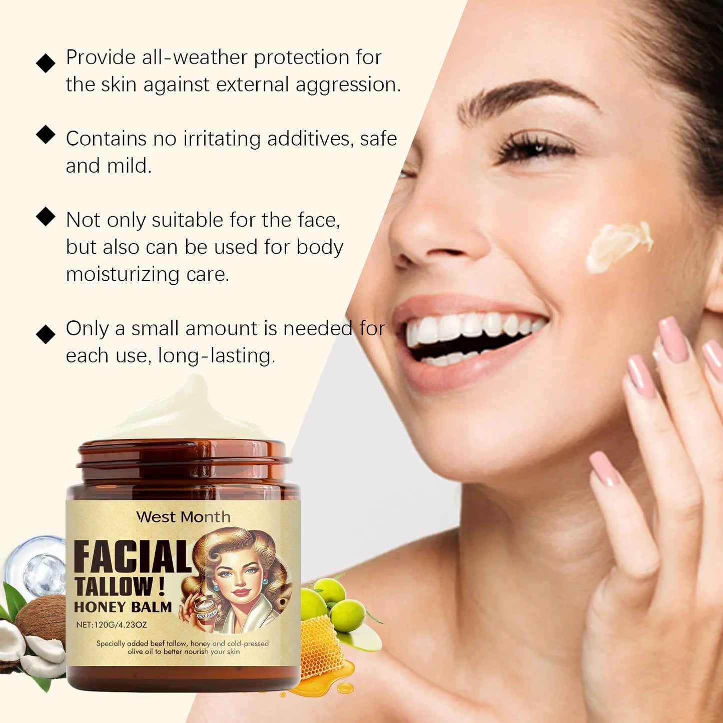 Beef Tallow Face Cream Anti-Wrinkle Moisturizing Dry Improve Redness Soothing Repair Firming Nourishing Smooth Facial Skin Care