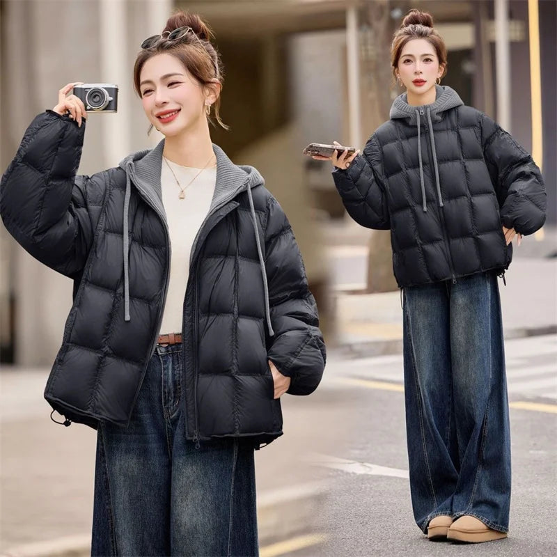 Femme Korean Cotton Padded Outwear 2026 New Autumn Winter Women Casual Knitted Hooded Puffer Jacket Fake Two-piece Warm Parkas