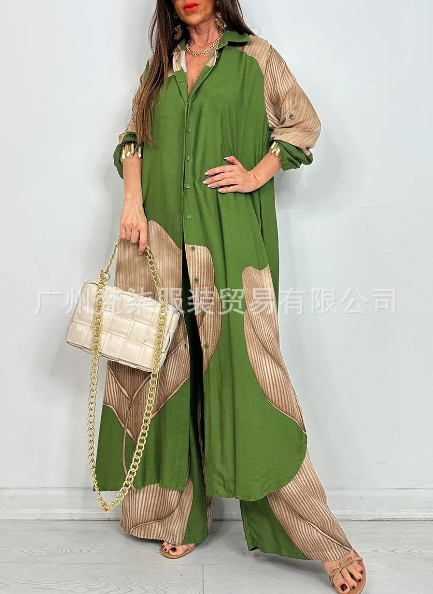Fashion Loose Printed Long Sleeve 2-piece Set Women's Single-breasted Cardigan Robe Wide-leg Pants Casual Two-piece Outfit Woman