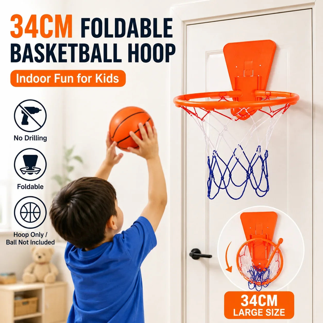 34cm Kids Basketball Hoop Foldable Wall Mounted Mini Basket Rim No Drilling Indoor Door Backboard Sports Toy for Children