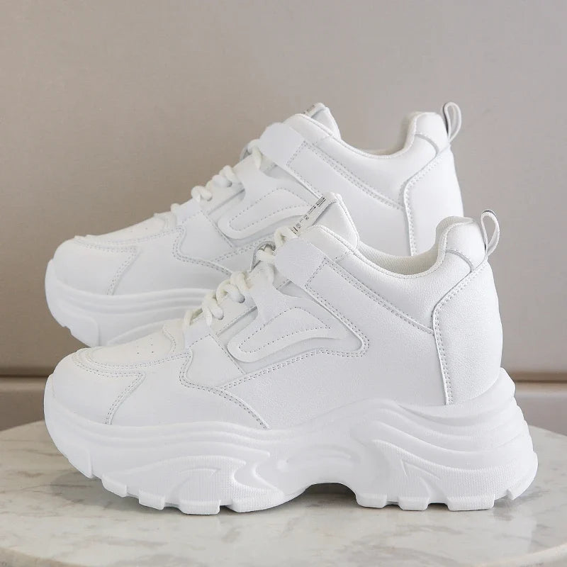 Women's White Platform Sneakers  Lace Up Thick Sole Breathable