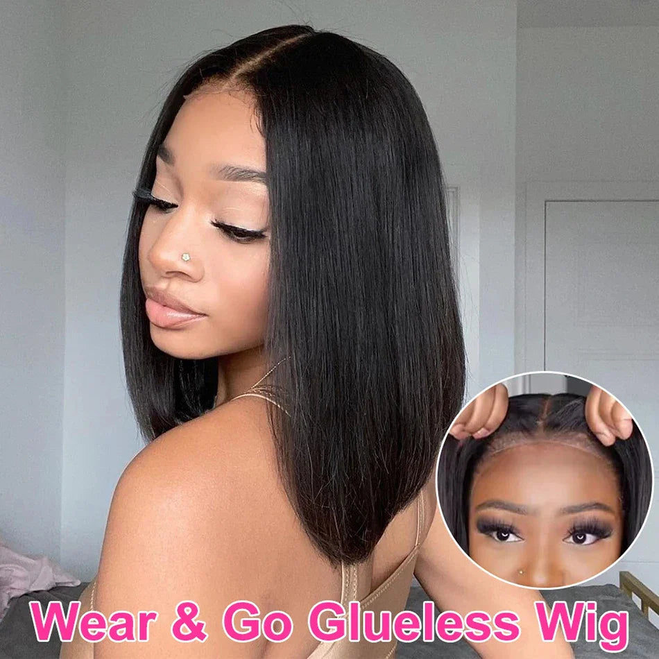 Pelucas sin pegamento de cabello humano listas para usar, pelucas lisas de corte bob corto para mujer, peluca frontal de encaje 100% de cabello humano, pelucas con encaje precortado.