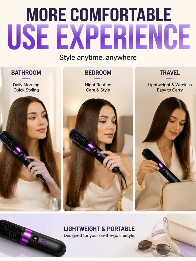Hair Straightener Brush USB Rechargeable with LCD Display Ceramic Comb for Smooth Hair Styling at Home and Travel