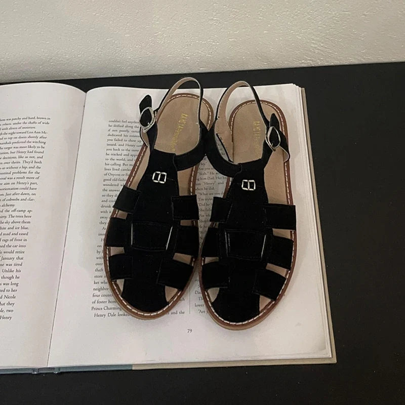 DIMANYU Women's Roman Sandals 2023 Summer New Flat Retro Real Leather Ladies Sandals Hollowed Women's Cage Shoes