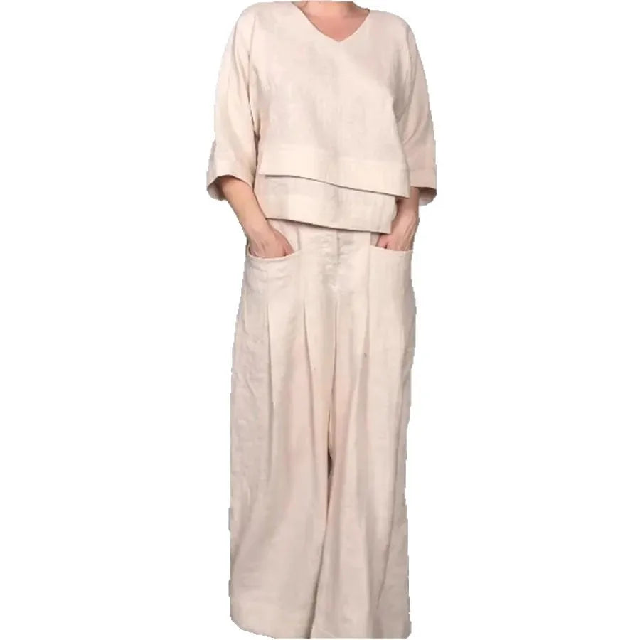 Casual Loose Irregular Cotton Linen Women's Top Set Spring Summer New Fashion Pocket Wide-leg Pants For Women Office 2-piece Set